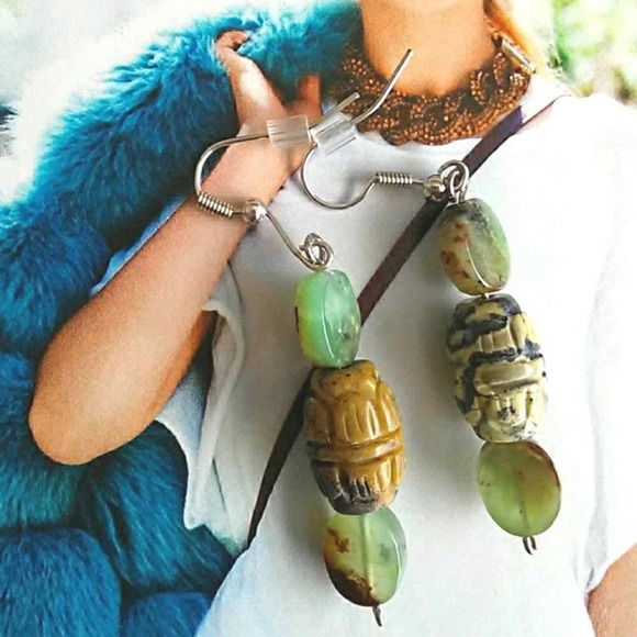Jade Dangle Earrings & CARVED Brazilian Agate EXOTIC 1.5" Drop Artsy Modern - Picture 4 of 10